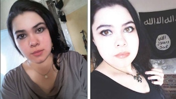 Dos fotografías yuxtapuestas de una mujer de cabello oscuro, una en una habitación y otra ante una bandera negra con texto árabe