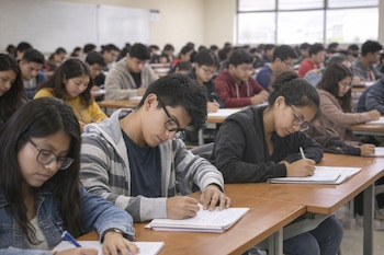 Un grupo de estudiantes jóvenes, algunos con gafas, escribe en cuadernos sobre pupitres de madera dentro de un aula con un pizarrón blanco.
