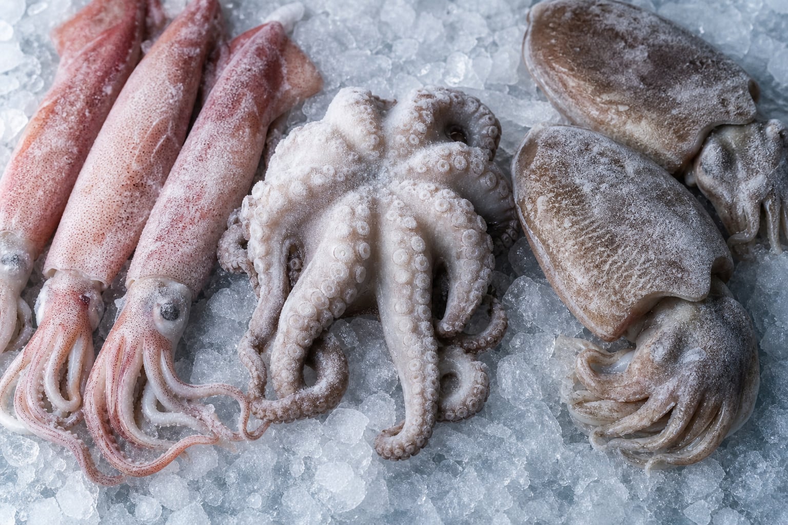 Los calamares, las sepias y los pulpos congelados expuestos sobre hielo concentran el volumen principal de las importaciones del sector. (Imagen Ilustrativa Infobae)