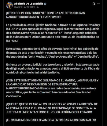 El presidente Abelardo de la Espriella advirtió que la fuerza pública continuará con los operativos militares en esa zona del país (@ABDELAESPRIELLA / X)
