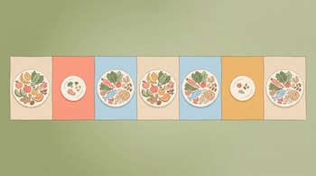 Ilustración de siete casillas diarias con platos de comida; cinco contienen raciones variadas y dos muestran porciones reducidas.