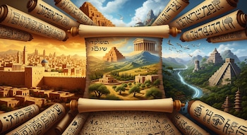 Pergaminos con escritura simbólica en los bordes enmarcan un pergamino central que ilustra una ciudad amurallada al atardecer y paisajes con templos y pirámides.
