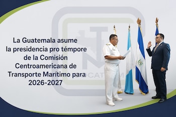 Un gráfico informativo con texto oficial, dos hombres en traje y uniforme naval junto a banderas nacionales y un logotipo en el fondo.