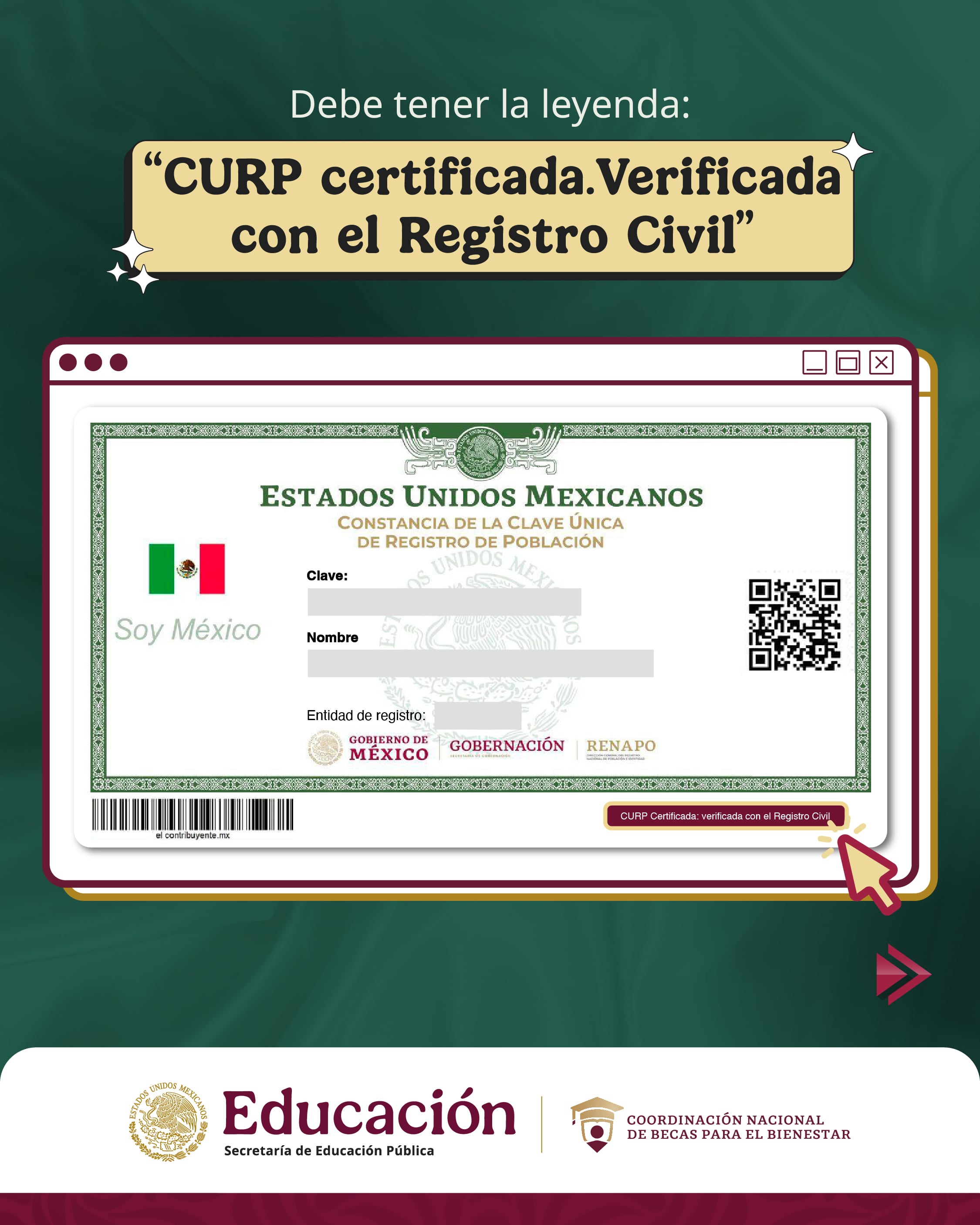 La CURP deberá estar certificada para que los estudiantes puedan registrarse (X@BecasBenito)
