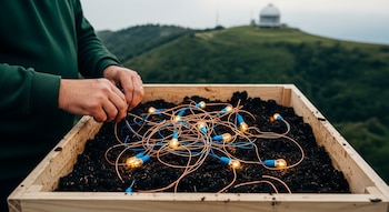 Caja de madera con tierra y compost, de donde emergen cables de cobre y azules conectados a bombillas encendidas. Manos manipulan los cables. Fondo con colinas y laboratorio-invernadero.