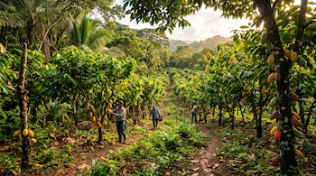 Tres personas caminan y cosechan mazorcas entre árboles de cacao con frutos de varios colores en un terreno rural.