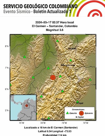 Temblor del domingo tuvo epicentro en el municipio de Carmen de Chucurí, en Santander. (@sgcol / X)