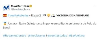Movistar Team celabró el triunfo de Nairo Quintana en la Vuelta a Asturias - crédito @Movistar_Team/X