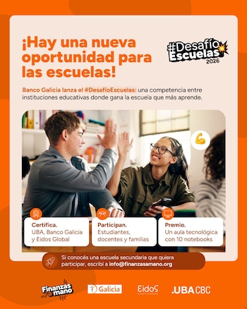 Afiche promocional del Desafío Escuelas con la foto de dos estudiantes festejando en un aula y textos informativos en fondo naranja