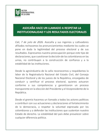 Asocaña advirtió que los cuestionamientos a las elecciones pueden afectar la confianza ciudadana y la estabilidad democrática. - crédito Asocaña