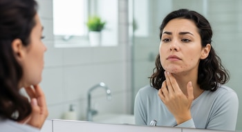Una mujer con cabello oscuro y blusa gris se mira en un espejo de baño, tocándose la barbilla y mandíbula con acné visible.