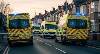 Tres ambulancias amarillas del Servicio de Ambulancias del Nordeste de Inglaterra con sirenas encendidas en una calle, cinta policial y casas residenciales.