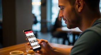 Hombre de perfil con barba de varios días mira la pantalla de su smartphone con la aplicación Grindr abierta. Se ve una taza y un vaso en la mesa.