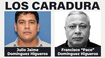 Dos fotografías de frente de dos hombres con sus respectivos nombres escritos debajo y el título Los Caradura en la parte superior.