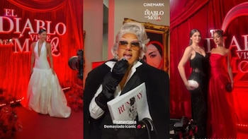 Un collage de tres imágenes muestra a Natalie Vértiz de blanco, un personaje con peluca y gafas, y a Gia Meier con otra influencer posando en una alfombra roja
