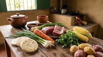 Primer plano de ingredientes frescos como arepas, cebolla larga, zanahoria, costillas de res y cerdo, cilantro, mazorcas y papas sobre una mesa de madera en una cocina rural.