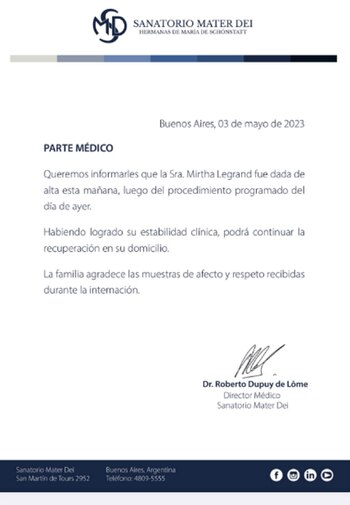 El parte médico de Mirtha