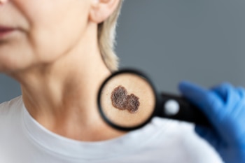Primer plano de un lunar irregular y oscuro en la piel de una persona, siendo examinado con una lupa por una mano enguantada de azul
