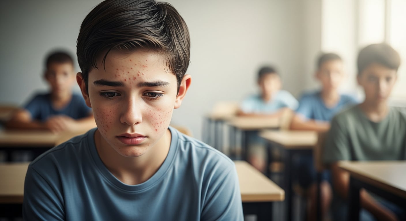 Un adolescente se muestra triste y ansioso, sentado solo en un aula, rodeado de sus compañeros al fondo. (Imagen Ilustrativa Infobae)