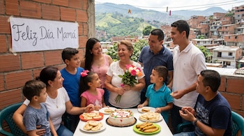 Una familia colombiana celebra el Día de la Madre en un balcón. La madre sonríe con flores, rodeada de hijos y nietos en una mesa con pastel y arepas. Fondo urbano montañoso.