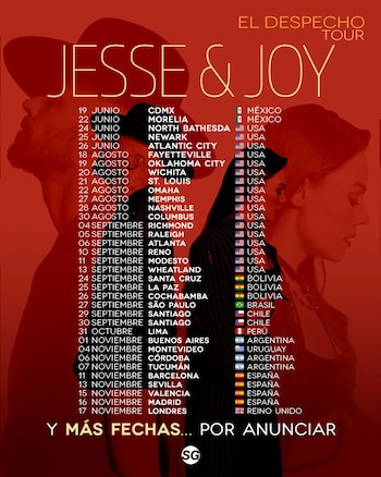 Póster promocional rojo y negro del 'El Despecho Tour' de Jesse & Joy, con una lista detallada de fechas, ciudades y países de la gira