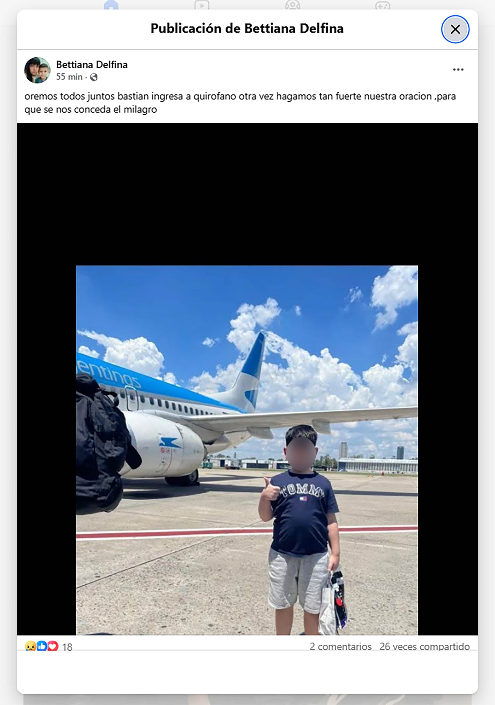 El posteo en redes sociales de la familia del menor.