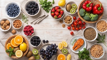 Vista cenital de recipientes con frutas del bosque, cítricos, verduras, frutos secos, legumbres y un corte de salmón sobre una mesa.