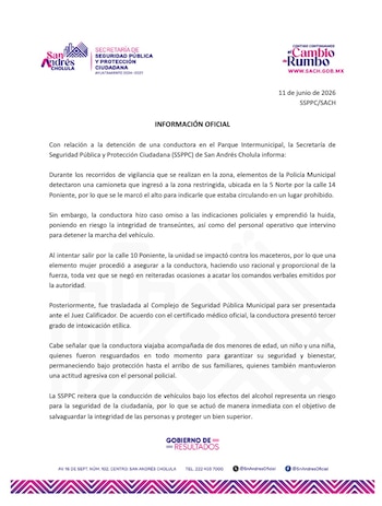 Comunicado de la SSPPC Cholula tras los hechos: Crédito: SSPPC Cholula