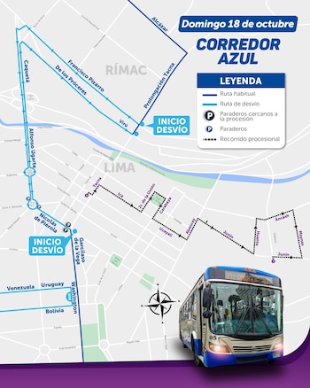 Mapa vial de Lima con trazados de rutas de autobús en azul, una línea negra discontinuada para la procesión y un autobús en la parte inferior