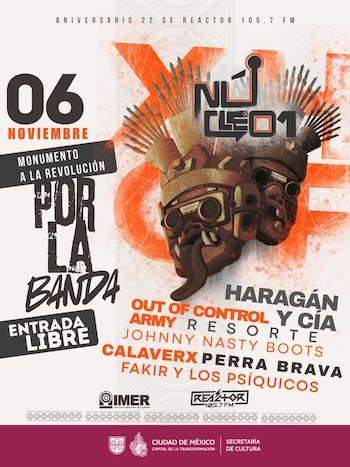 Cartel publicitario con ilustraciones de máscaras prehispánicas, datos de fecha, lugar, entrada libre y una lista de agrupaciones musicales
