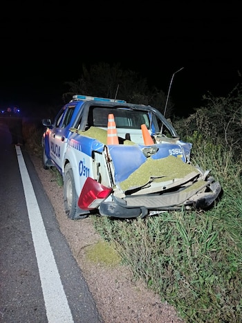 Camioneta policial dañada con material vegetal verde y conos naranjas en su caja, estacionada al borde de una carretera de noche