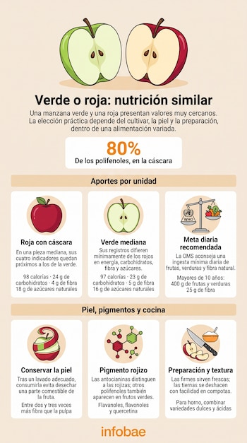 Infografía con ilustraciones de manzanas, tablas comparativas de valores nutricionales y texto explicativo sobre su uso culinario.