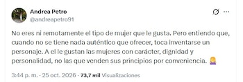 Andrea Petro puso en duda la credibilidad del testimonio de Jiménez y sugirió que la joven estaría buscando atención con sus declaraciones - crédito @andreapetro91/X