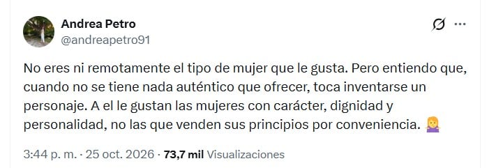 Andrea Petro puso en duda la credibilidad del testimonio de Jiménez y sugirió que la joven estaría buscando atención con sus declaraciones - crédito @andreapetro91/X