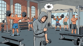 Un hombre con sudadera y una pequeña mancuerna observa el suelo en un gimnasio donde varias personas levantan pesas.