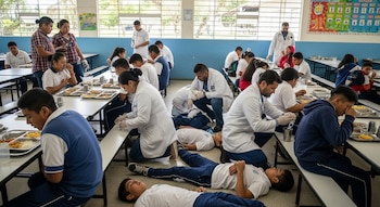 En una cafetería escolar, varios médicos con batas blancas revisan a estudiantes sentados y a otros acostados en el suelo. Hay bandejas de comida en las mesas.