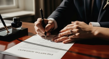 Primer plano de dos manos en una mesa de madera. Una mano con un bolígrafo firma un documento; la otra mano, con anillos, descansa al lado. Un tintero visible.