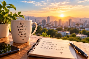 Una taza blanca con texto, un cuaderno con casillas marcadas, un bolígrafo, un teléfono y una planta sobre una mesa con vista a una ciudad