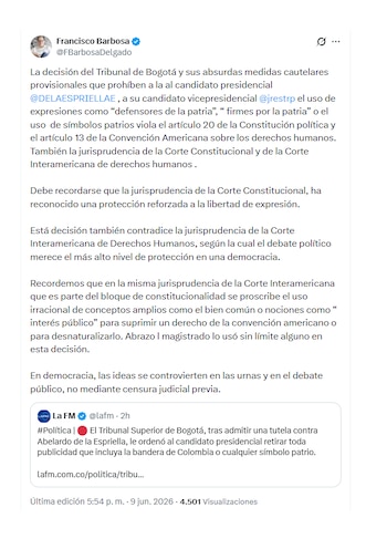 Francisco Barbosa y sus críticas al fallo judicial contra Abelardo de la Espriella