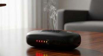 Primer plano de un calentador de manos portátil recargable negro con indicadores LED rojos y naranjas encendidos y humo saliendo de la rejilla superior.