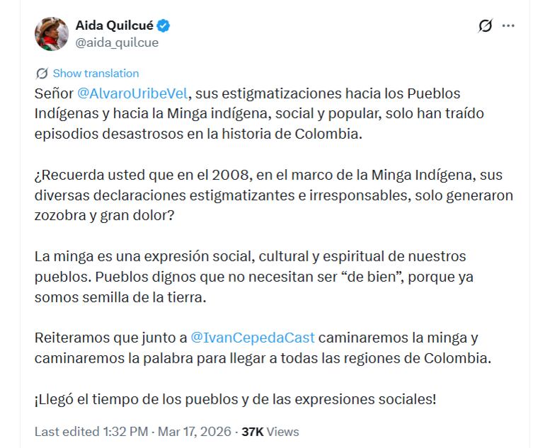 Aída Quilcué acusó a Uribe de estigmatizar a los pueblos indígenas durante la Minga de 2008 - crédito @aida_quilcue/X