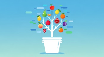 Ilustración de un árbol blanco en una maceta, sus ramas con iconos de frutas variadas: manzana, pera, limón, granada, durazno, ciruela. Fondo celeste con líneas de colores.