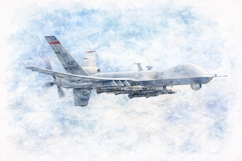 Una aeronave no tripulada MQ-9A Reaper, armada con misiles, surca el cielo en una representación de acuarela con tonos azules y blancos - crédito