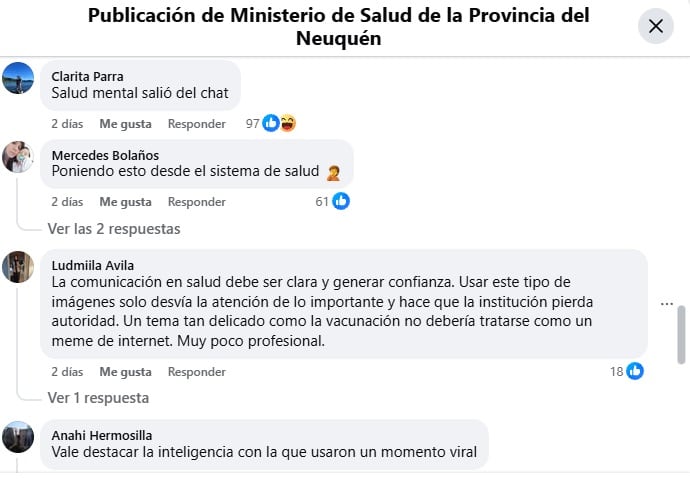 Comentarios que aparecen en la publicación de Facebook del Ministerio de Salud de Neuquén