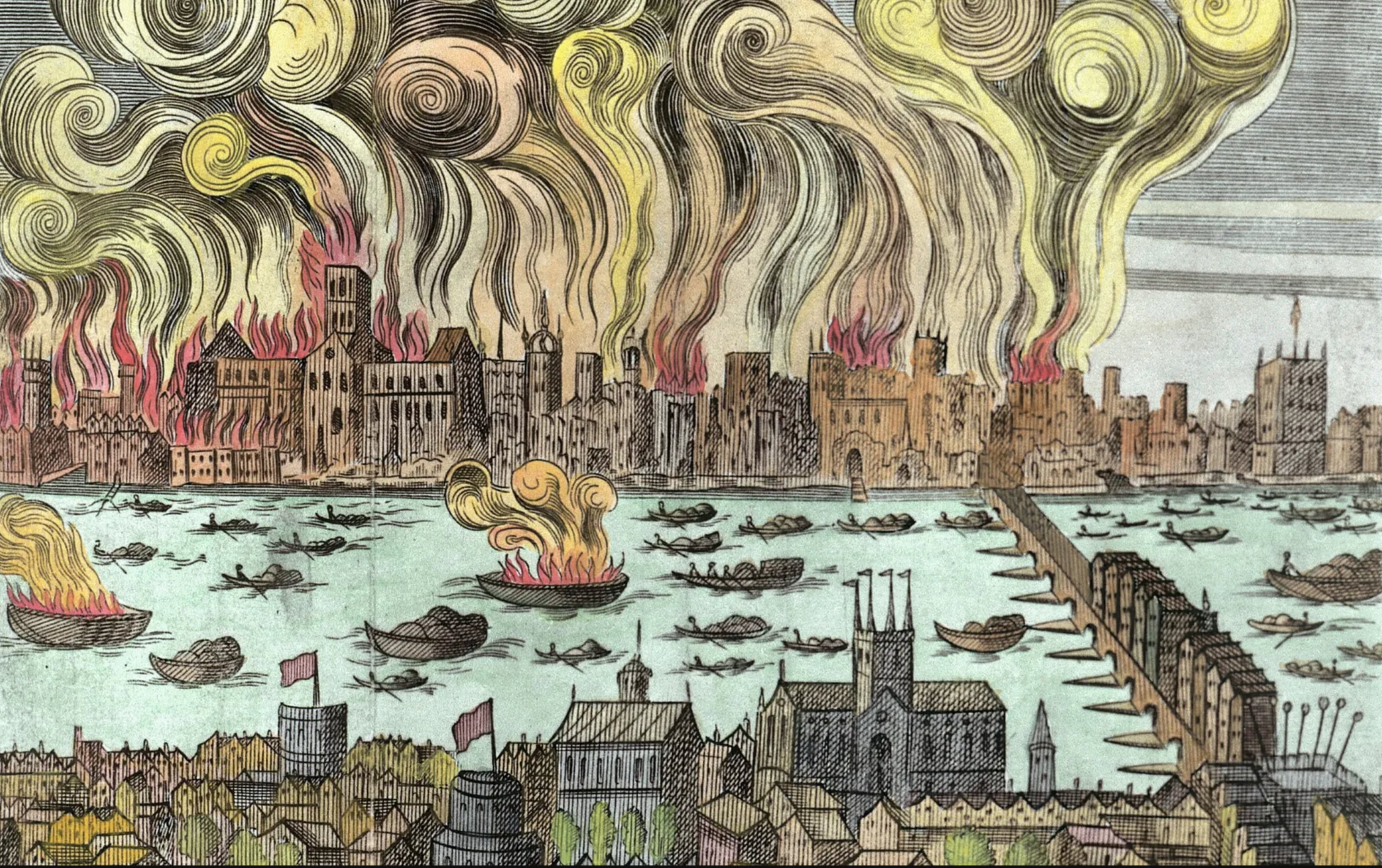 Ilustración que grafica cómo fue el gran incendio de Londres en 1966 (London Museum)