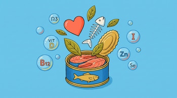 Lata de pescado abierta con filetes, una espina de pescado, un corazón, hojas y burbujas con símbolos de omega-3, vitamina D, B12, yodo, zinc y selenio.