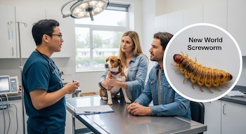 Un veterinario habla con una pareja y su perro en una mesa de examen, junto a equipos médicos; un círculo muestra una larva grande del gusano barrenador del Nuevo Mundo.