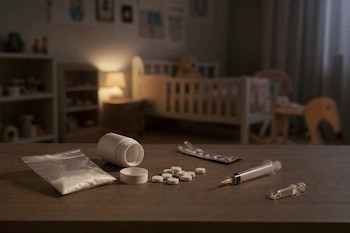 Una mesa de madera sostiene un frasco con pastillas, un empaque con polvo blanco y una jeringa frente a un dormitorio infantil.