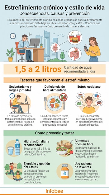 Infografía ilustrada sobre el estreñimiento crónico, mostrando factores como sedentarismo, dieta pobre y estrés, y soluciones como hidratación, fibra, ejercicio y laxantes.