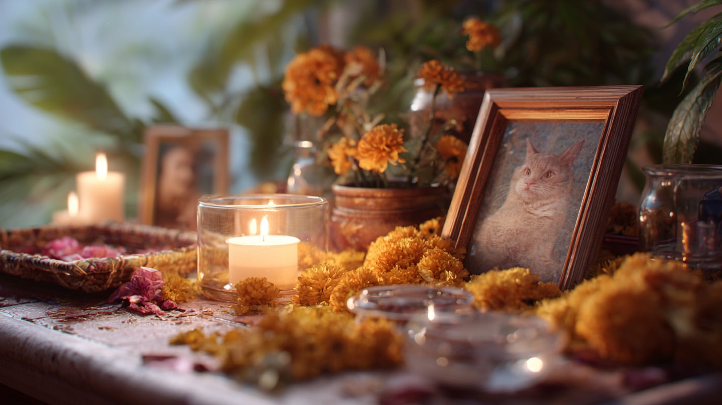 Una conmovedora ofrenda de Día de Muertos dedicada a las mascotas, decorada con figurillas de esqueletos de animales y colorido papel picado con siluetas de perros y gatos. - (Imagen Ilustrativa Infobae)